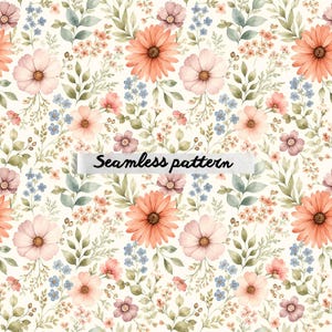 Pode incluir: Padrão floral contínuo em aquarela com flores pêssego, rosa e azuis e folhas verdes sobre fundo creme. O texto "Seamless pattern" é exibido. Adequado para tecidos ou papéis de parede.