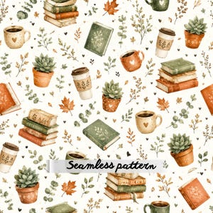 May include: A seamless pattern featuring watercolour illustrations of stacked books, potted succulents, coffee mugs, and autumn leaves on a white background. The design includes small heart motifs and delicate sprigs of greenery scattered throughout.