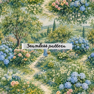 Pode incluir: Padrão sem costura com uma pitoresca cena de jardim com um caminho serpenteando por flores coloridas e vegetação exuberante. O design inclui flores rosa, azuis e amarelas, com o texto "Seamless pattern".