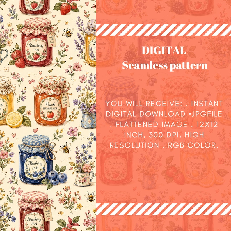 Cottagecore Jam Jar Seamless Pattern, Vintage Strawberry Honey Floral ...