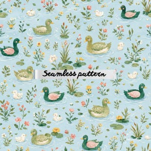 Whimsical Goose Garden Seamless Pattern | Cottagecore Floral Geese Wallpaper | Vintage Peony Duck Fabric | Pastel Nursery Print