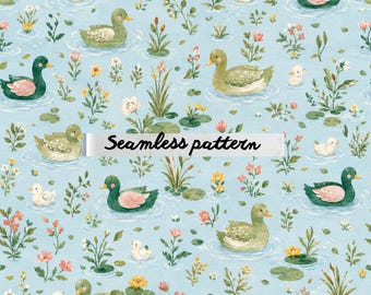 Motivo senza cuciture con oche stravaganti da giardino | Carta da parati floreale con oche in stile cottagecore | Tessuto vintage con peonie e anatre | Stampa pastello per la cameretta