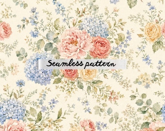 Watercolor Floral Cottage Seamless Pattern JPG, DigitalPaper, Cottagecore Floral Pattern Repeat