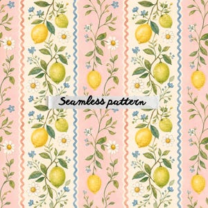 Pode incluir: Padrão sem costura com ilustrações em aquarela de limões, margaridas e flores azuis em um fundo listrado rosa claro e creme. O design inclui o texto "Seamless pattern" em uma faixa.