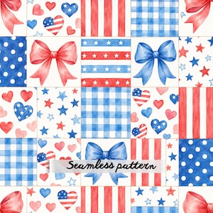 May include: A watercolor seamless pattern featuring a grid of squares with red, white, and blue motifs. Designs include American flag hearts, red and blue bows, blue and white gingham, red stripes, blue polka dots, and scattered red and blue stars.