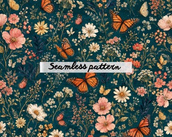 Monarch Butterfly Floral Seamless Pattern JPG Vintage Wildflower Meadow Repeat Design