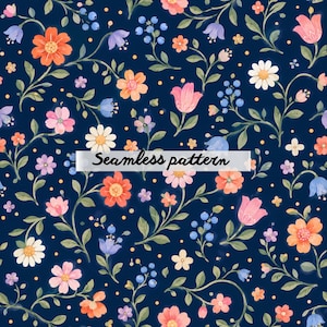 Pode incluir: Padrão floral sem costura em um fundo azul escuro. O design apresenta flores em aquarela em tons de rosa, laranja, branco e roxo, com folhas verdes. O texto "Seamless pattern" está incluído.