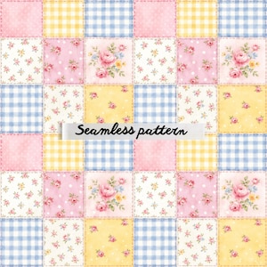 Pode incluir: Um padrão sem costura com um design de patchwork. Quadrados em rosa, amarelo e azul, com estampas florais, bolinhas ou padrões xadrez vichy. O texto "Seamless pattern" é exibido no centro.