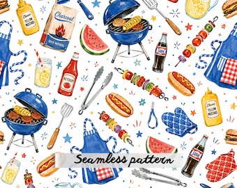 BBQ Cookout Seamless Pattern JPG, Summer Grill Fabric, Patriotic Picnic Wallpaper, Watercolor Digital Paper