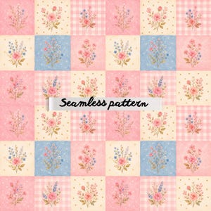 May include: A seamless pattern featuring floral bouquets on a grid of pink, blue, and cream squares. Some squares have a gingham or polka dot pattern. The text "Seamless pattern" is displayed across the image.