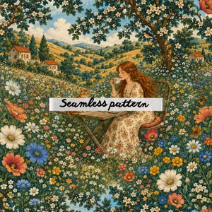 Pode incluir: Um padrão sem costura com uma mulher tomando chá em um campo de flores vibrante. A cena inclui uma mesa, um gato e um fundo de colinas e casas. O texto "Seamless pattern" é exibido na imagem.