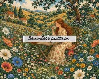 Cottagecore Countryside Tea Seamless Pattern, Romantic Wildflower Meadow Fabric Print, Vintage Storybook Floral Digital Paper JPG