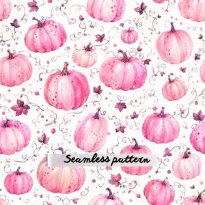 May include: A seamless pattern featuring watercolor illustrations of pink pumpkins in various sizes and shades of pink, accented with dark pink vine tendrils and small leaves on a white background, with the text Seamless pattern centered.