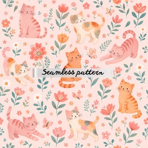 Pode incluir: Padrão sem costura com ilustrações de gatos sorridentes, flores e borboletas. Os gatos são em tons de laranja, rosa e creme, sobre um fundo rosa claro. Inclui o texto "Seamless pattern". Adequado para têxteis e papel.