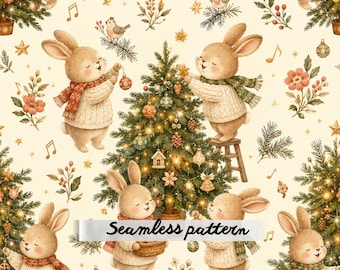 Christmas Bunny Tree Decorating Seamless Pattern, Cozy Holiday Rabbits, Woodland Christmas Repeat, Vintage Winter Storybook Fabric Design
