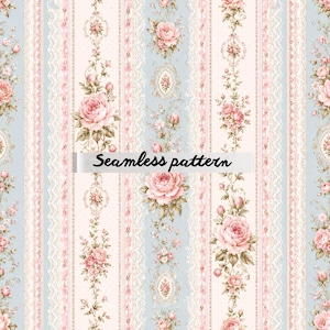 Op de afbeelding: Een naadloos patroon met verticale strepen in lichtblauw en crème, versierd met roze rozenboeketten, delicate kanten randen en kleine bloemmotieven. De tekst "Seamless pattern" is in het zwart in het midden van de afbeelding gedrukt.