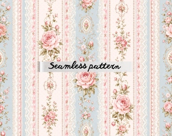 Shabby Chic Rose Stripe Seamless Pattern, Vintage Lace Floral Wallpaper Print, Romantic Cottagecore Fabric JPG