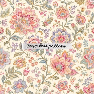 Pode incluir: Um padrão sem costuras com uma disposição densa de motivos florais intrincados em tons de rosa, laranja, azul e roxo sobre um fundo creme. O design inclui flores grandes e detalhadas, pequenos botões e vinhas. O texto diz Seamless pattern.
