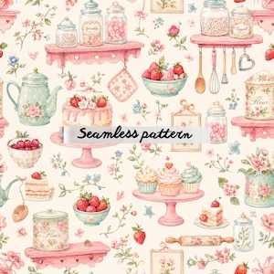 May include: Watercolor seamless pattern featuring kitchen elements like shelves, jars, and a teapot, alongside cakes, cupcakes, and strawberries. The text "Seamless pattern" is displayed. The color palette includes pink, blue, and cream.