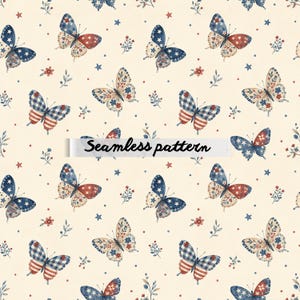Pode incluir: Um padrão sem costura com borboletas em vermelho, branco e azul, que evoca a bandeira americana. O design inclui estrelas, flores e raminhos em um fundo creme. O texto "Seamless pattern" é exibido.