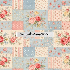 Può includere: Un motivo senza cuciture con un design patchwork, con bouquet floreali e vari motivi floreali e a pois. La tavolozza dei colori comprende azzurro, rosa, crema e rosso. Il testo "Seamless pattern" è visualizzato.
