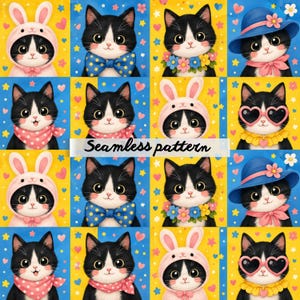 May include: A seamless pattern featuring black and white kittens in various outfits, including pink bunny hoods, blue polka dot bow ties, floral collars, blue sun hats, pink polka dot scarves, and heart-shaped sunglasses on yellow and blue backgrounds.
