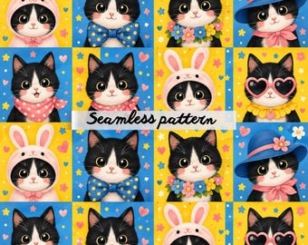 Kawaii Patchwork-Katzen-Nahtloses Muster (JPG) – Niedliches Katzenporträt-Quiltmuster, Hasenohren, Herzen & buntes Stoffdesign fürs Kinderzimmer