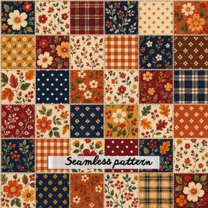 Sömlöst mönster med höstblommor och lapptäcke, rutiga prickar, rustikt quilttyg, digitalt papper, JPG