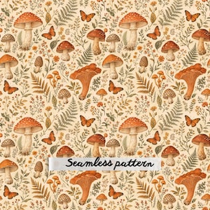 Könnte beinhalten: Ein nahtloses Muster mit einer Vielzahl von Pilzen, Farnen und orangefarbenen Schmetterlingen auf hellbeigem Hintergrund. Das Design zeigt verschiedene Pilzformen und botanische Elemente, mit dem Text Seamless pattern in Schwarz.