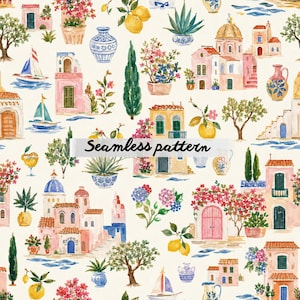 Pode incluir: Padrão aquarela sem costura com ilustrações de vilas costeiras italianas. O design inclui casas, barcos, limões e plantas em vasos em tons de rosa, amarelo, azul e verde. O texto "Seamless pattern" é exibido.
