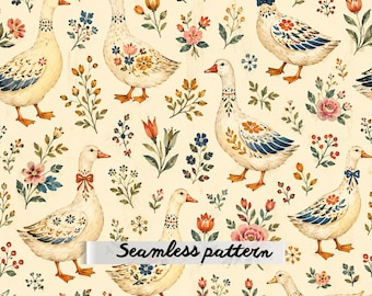 Nahtloses skandinavisches Gänse-Blumenmuster, digitaler Papier-Stoffdruck (JPG)