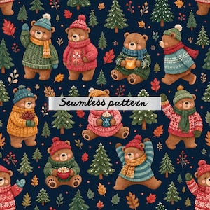 Pode incluir: Um padrão contínuo sobre fundo azul-escuro com ursos castanhos a usar camisolas, gorros e cachecóis de malha coloridos, intercalados com pinheiros verdes, bagas vermelhas e folhas de outono. O texto Seamless pattern está ao centro.