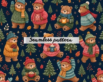 Cozy Winter Bears Seamless Pattern, Scandinavian Christmas Animal Repeat, Nordic Woodland Holiday Fabric JPG