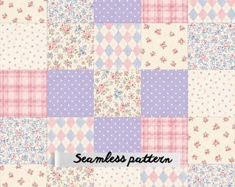 Vintage Floral Patchwork Seamless Pattern Digital Paper Shabby Chic Quilt Cottagecore Fabric Print JPG