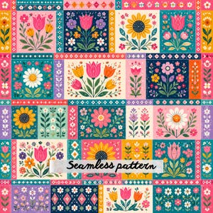 Op de afbeelding: Een kleurrijk naadloos patroon met een raster van rechthoekige blokken gevuld met diverse bloemillustraties, waaronder tulpen, zonnebloemen en madeliefjes in roze, geel, blauw en groen, met de tekst Seamless pattern in het midden.