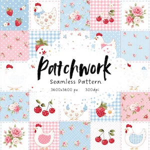 May include: A patchwork seamless pattern design featuring squares with floral, fruit, and chicken motifs. The color palette includes pink, blue, and white. The text "Patchwork Seamless Pattern" is displayed in the center.