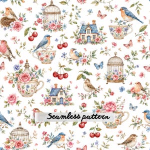 May include: A seamless pattern featuring watercolor illustrations of birds, floral teacups, birdcages, small cottages, butterflies, and cherries on a white background. The text Seamless pattern is overlaid in the center of the design.
