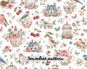 Vintage Cottage Birds Seamless Pattern PNG, Watercolor Bluebird Floral Fabric, Romantic Teacup Cherry Cottagecore Repeat, Shabby Chic Digita