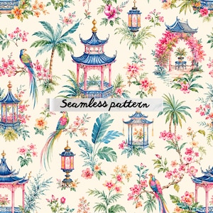 May include: A seamless pattern design with pagodas, parrots, lanterns, and floral elements in pink, blue, and green. The text "Seamless pattern" is displayed across the image.
