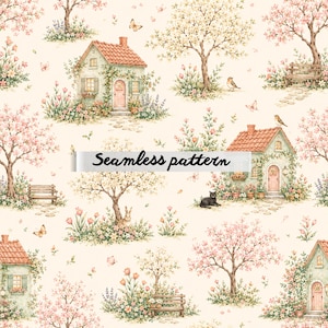Könnte beinhalten: Nahtloses Muster mit Aquarellillustrationen von reizenden Häusern mit roten Ziegeldächern, umgeben von blühenden Bäumen, Blumen, Schmetterlingen und kleinen Tieren. Der Text "Seamless pattern" wird auf einem Banner angezeigt.