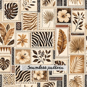 Pode incluir: Um padrão contínuo apresentando uma grade de blocos retangulares com ilustrações botânicas em marrom e creme, incluindo folhas de monstera, flores de hibisco, folhas de palmeira e listras de zebra, com o texto Seamless pattern.