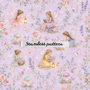 May include: A seamless pattern featuring illustrations of fairies with wings, mushrooms, butterflies, and floral elements on a light purple background. The fairies are depicted reading books, holding lanterns, or carrying baskets of flowers.
