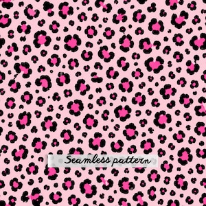May include: A seamless pattern featuring a repeating leopard print design with black outlines and vibrant pink centres on a light pink background. The text Seamless pattern is printed in a black cursive font across the centre of the image.