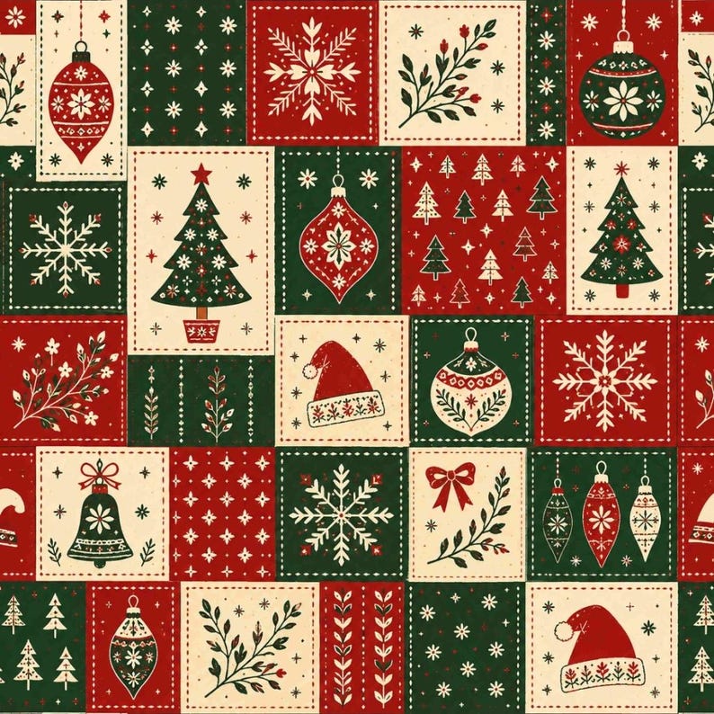 May include: A festive fabric pattern featuring a grid of rectangular blocks in red, dark green, and cream. The design includes illustrations of Christmas trees, snowflakes, ornaments, Santa hats, bells, bows, and botanical sprigs in a repeating layout.
