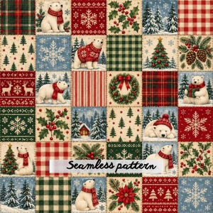 Nahtloses Patchwork-Muster mit Eisbärenmotiv, Vintage-Weihnachtsquilt, Schneeflocken-Stechpalmen-Karo, Rot-Grünes Winter-Digitalpapier (JPG)