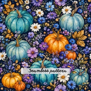 Pode incluir: Um padrão contínuo com abóboras em tons de azul-petróleo e laranja, intercaladas com margaridas brancas, cosmos roxos e folhas de outono douradas sobre um fundo azul-marinho escuro. O texto "Seamless pattern" está em fonte branca.