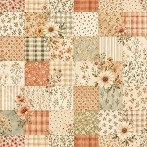 May include: A patchwork fabric design featuring a grid of squares with various patterns including floral prints, plaid, stripes, and small hearts in shades of cream, sage green, and muted orange, accented with large illustrations of daisies.