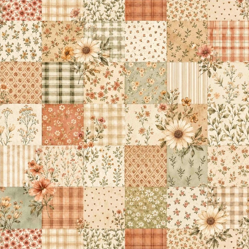 May include: A patchwork fabric design featuring a grid of squares with various patterns including floral prints, plaid, stripes, and small hearts in shades of cream, sage green, and muted orange, accented with large illustrations of daisies.
