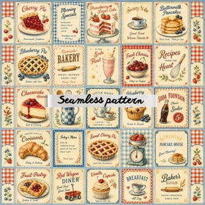 May include: A seamless fabric pattern featuring a grid of vintage-style culinary illustrations including cherry pie, strawberry cake, buttermilk pancakes, blueberry pie, soda floats, fresh cherries, croissants, and cupcakes with red and white gingham borders.