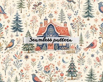 Motivo senza cuciture "Casetta invernale scandinava" JPG – Casa tradizionale nordica, uccelli del bosco incantevoli, accogliente design botanico natalizio per tessuti
